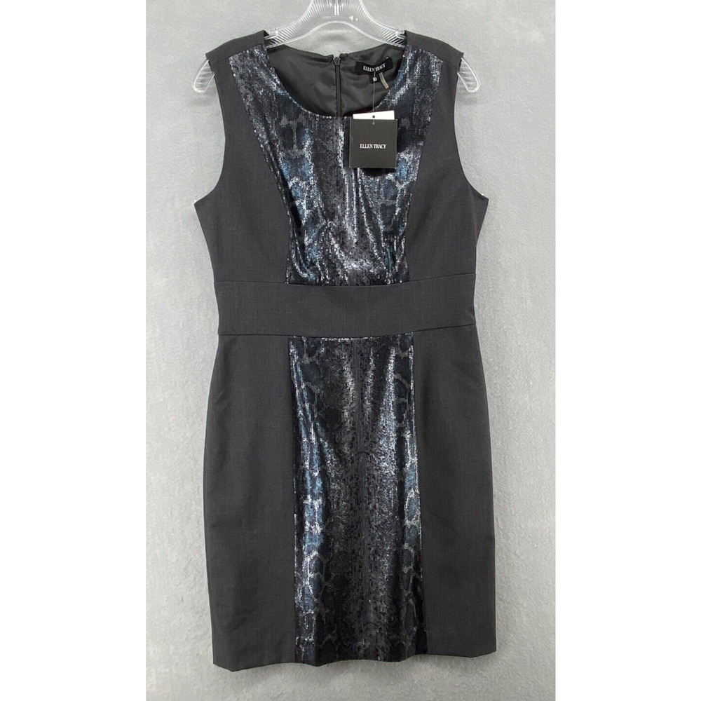 NWT‎ Ellen Tracy Dress Sz 10 Sleeveless Sheath Black Solid Stretch Sequin Front
